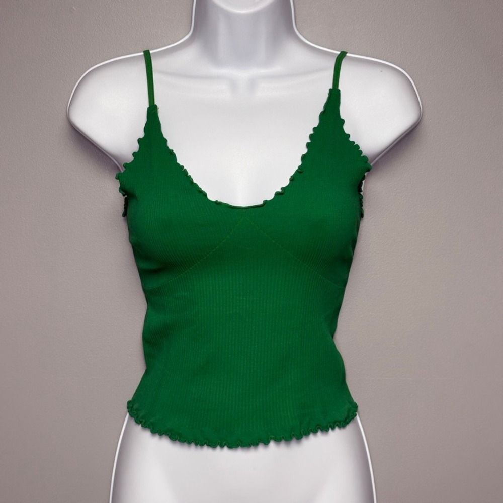 Free People Y2K Babydoll Kelly Green Ribbed‎ Scalloped Cami Top Sz M/L